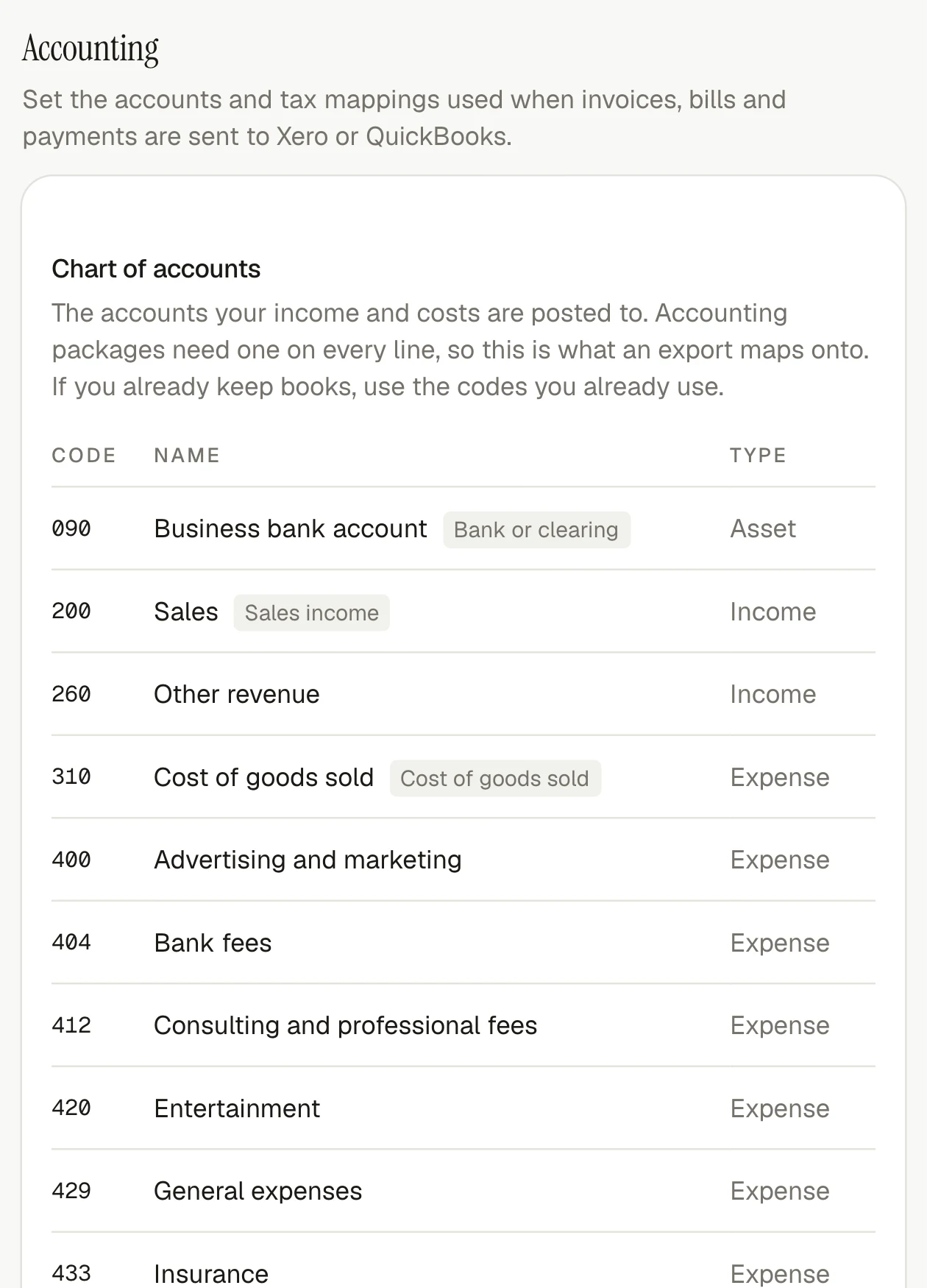 The invoiso accounting export and chart-of-accounts settings.