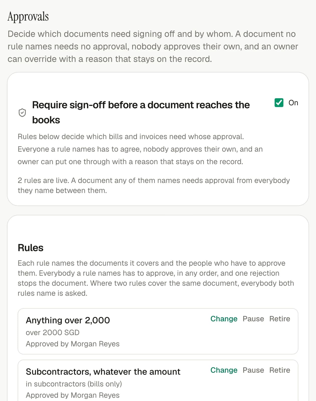 The invoiso approval rules, naming which documents need signing off and by whom.