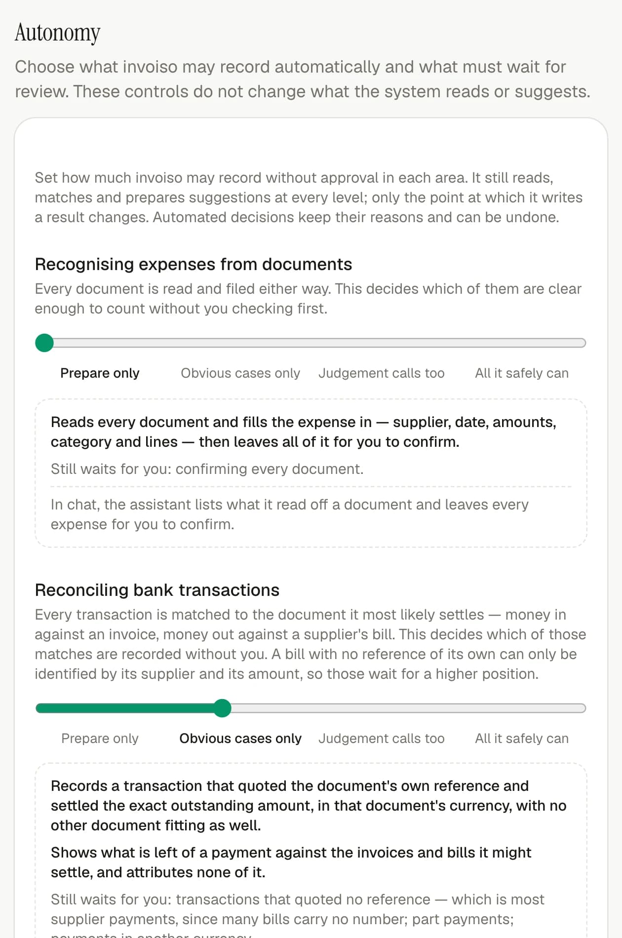 The invoiso autonomy rules for document and reconciliation review.