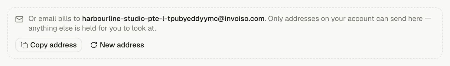 The invoiso Expenses screen showing the workspace's own address for forwarding bills to.