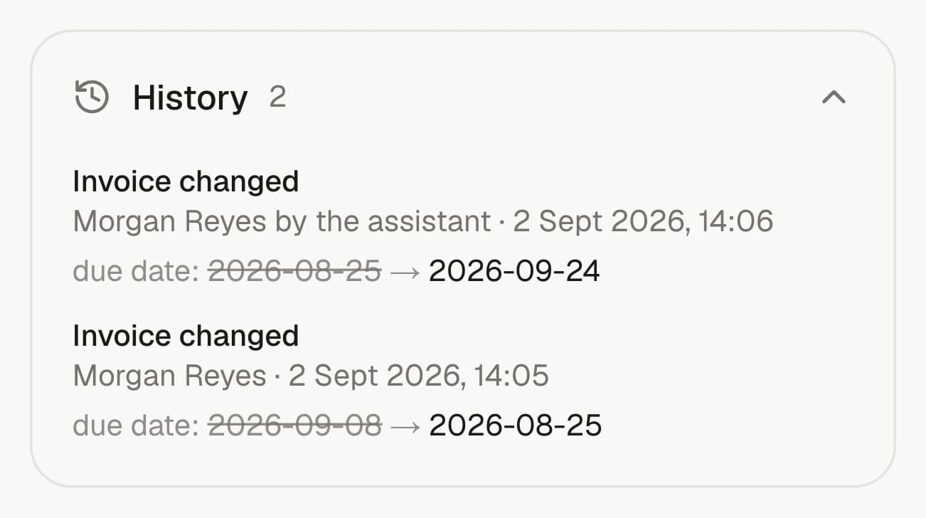 The History panel on an invoice in invoiso, listing two changes — one made by a person and one by the assistant — each naming the field that moved and what it was before.