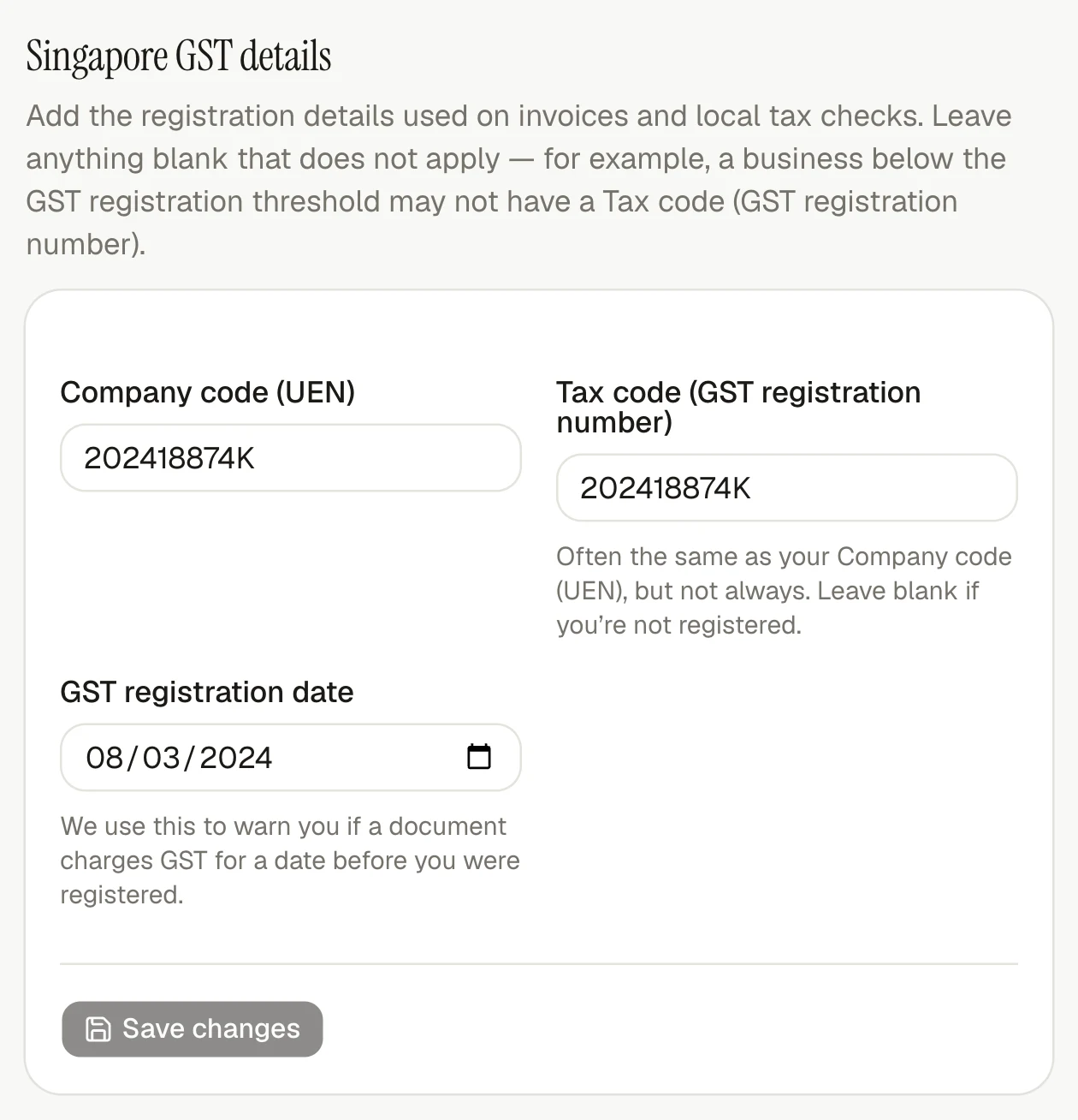 The invoiso GST defaults and tax-inclusive pricing controls.