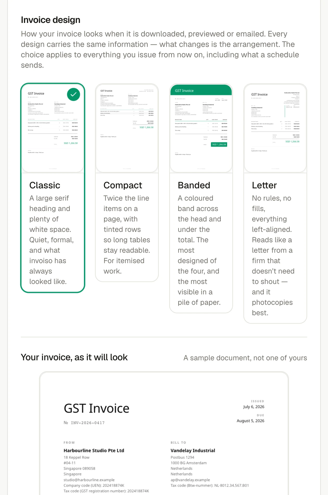 The current invoice design and template chooser in invoiso.