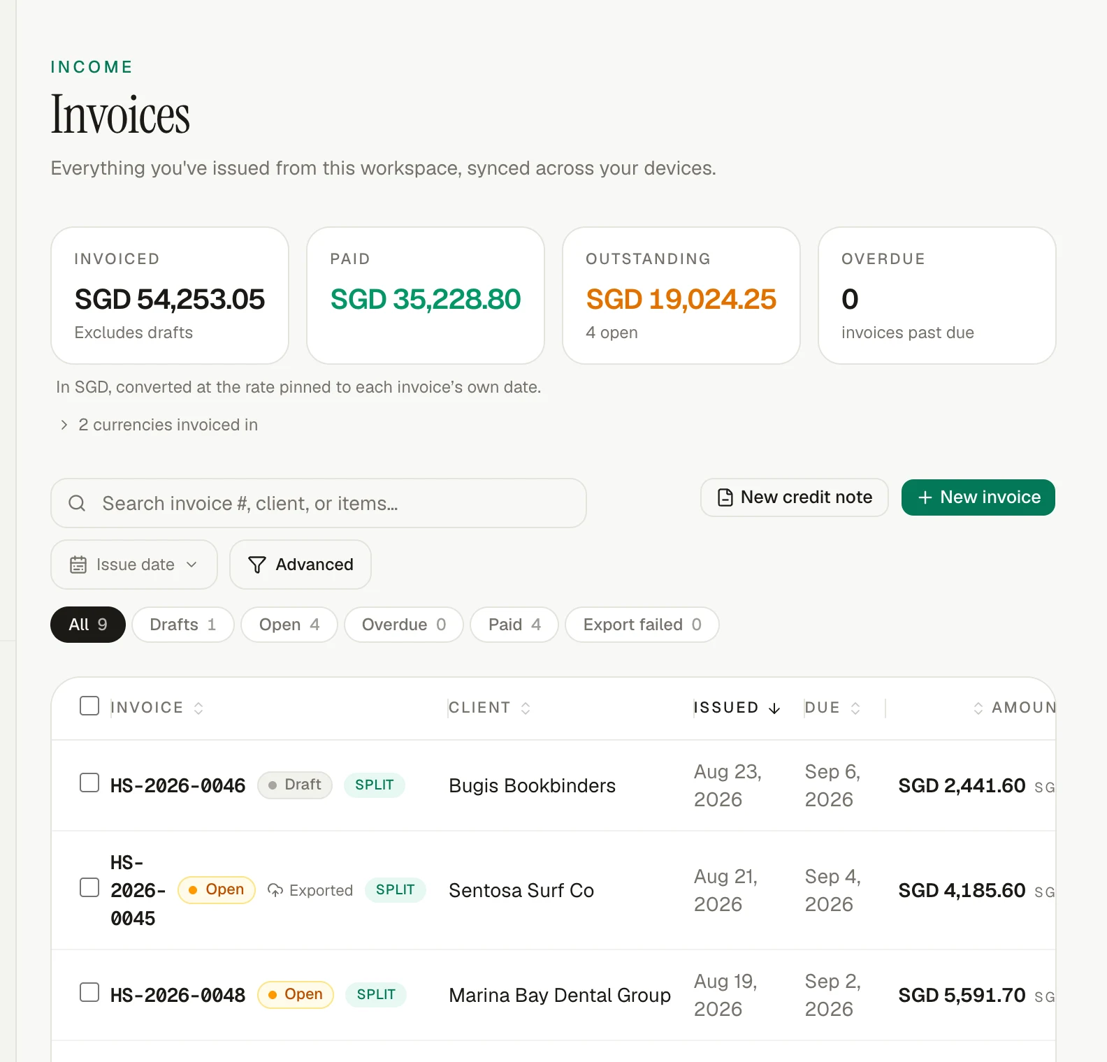 The current invoiso invoice register with draft, open and paid totals.