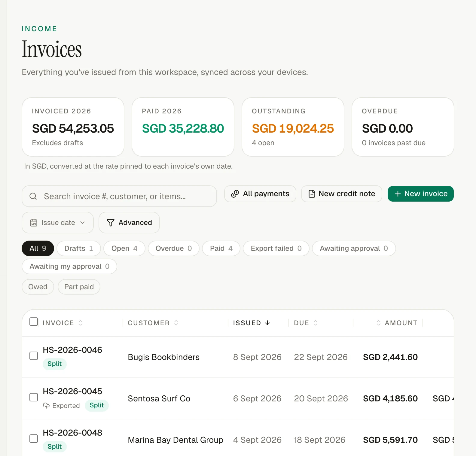 The current invoiso invoice register with draft, open and paid totals.