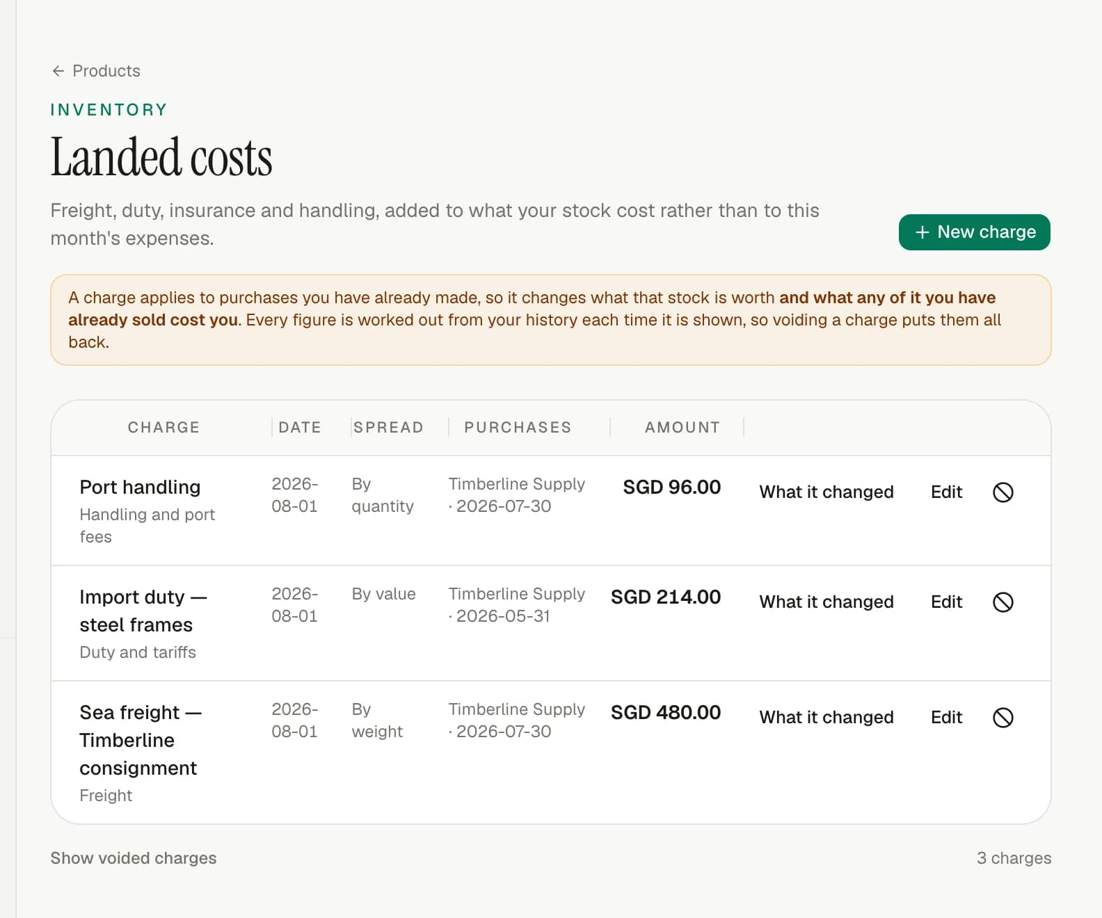 The invoiso landed-cost register with freight and customs allocations.