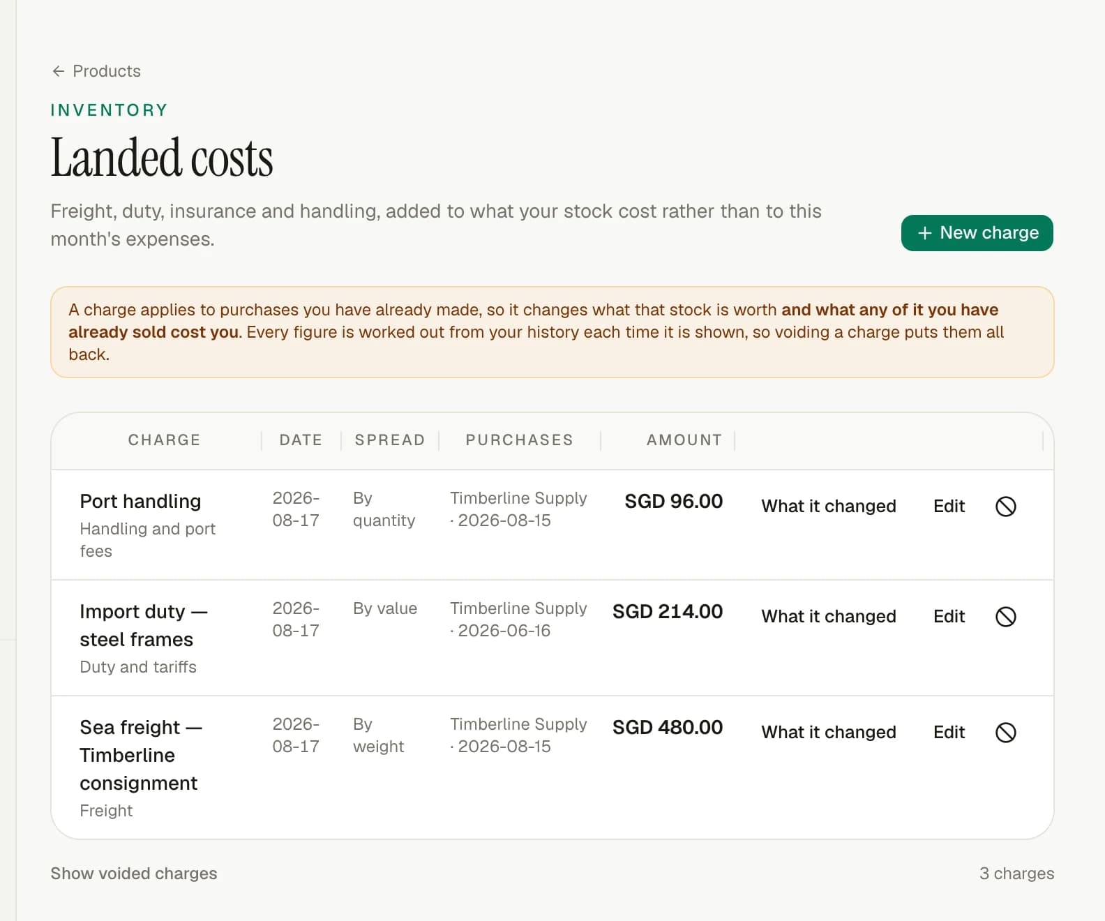 The invoiso landed-cost register with freight and customs allocations.