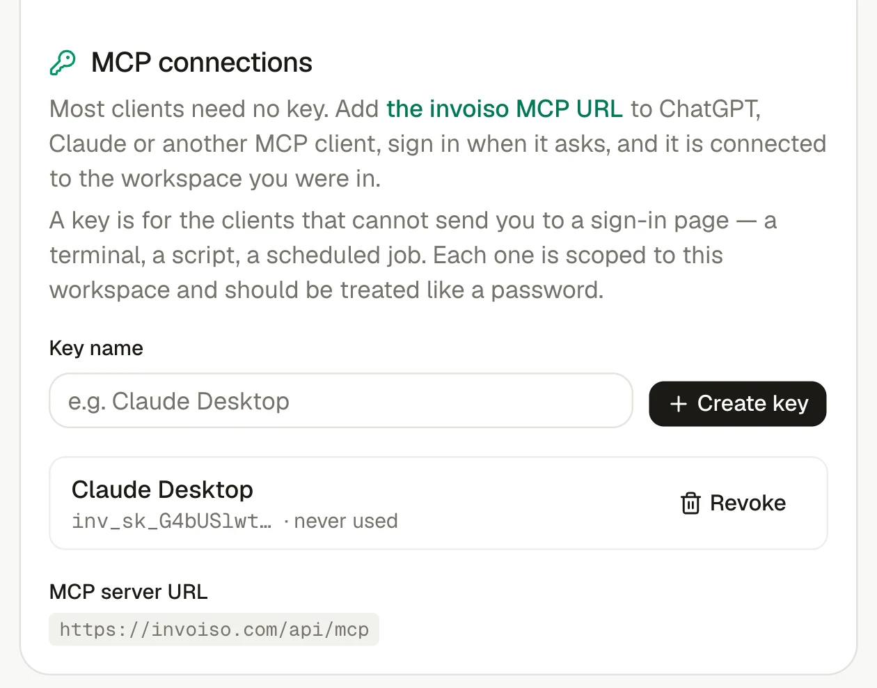 The invoiso MCP connection settings with the OAuth-first setup guidance.