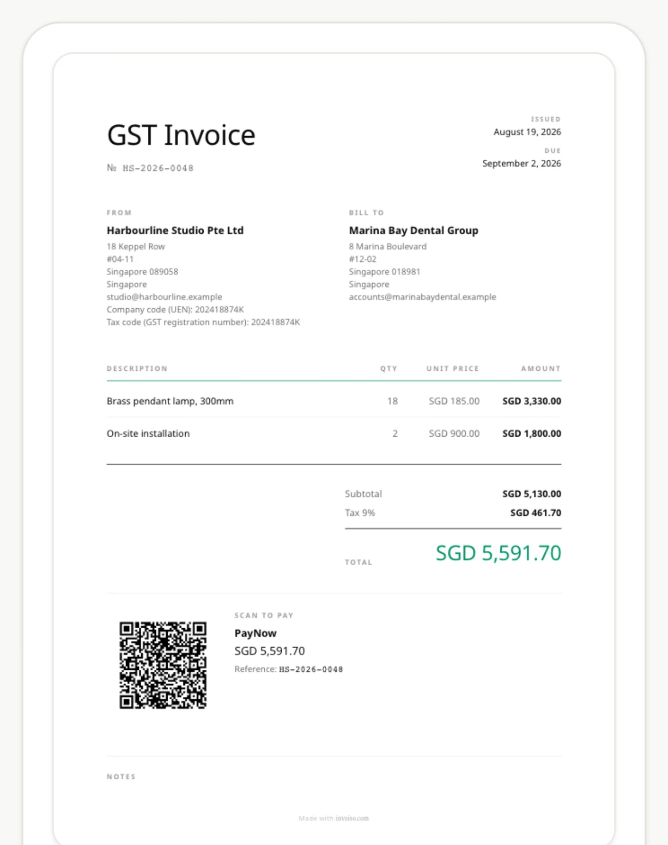 An invoiso invoice carrying a PayNow QR for the customer to scan.
