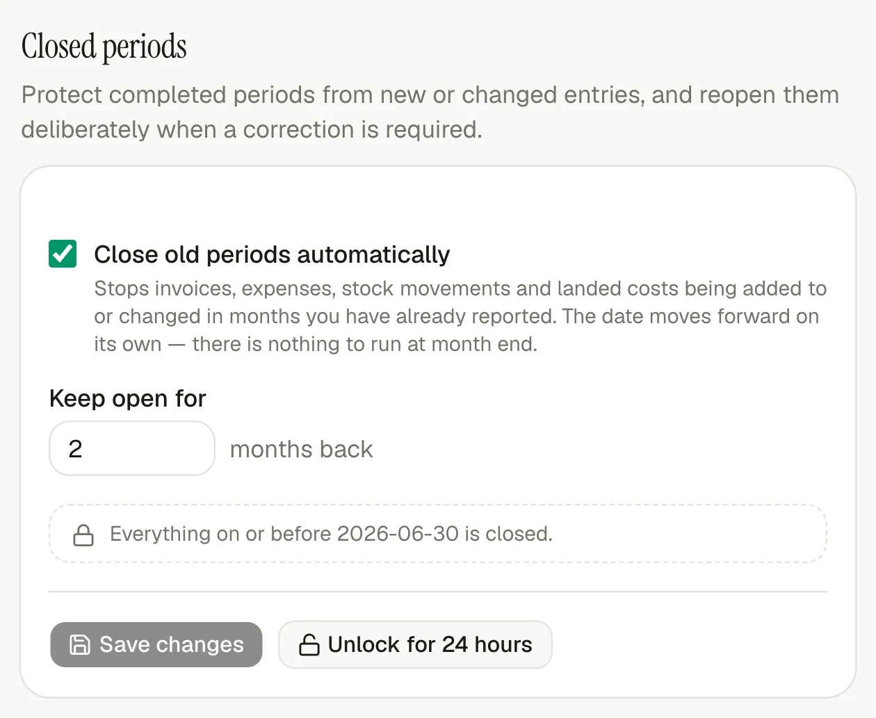 The invoiso closed-period boundary and accounting controls.