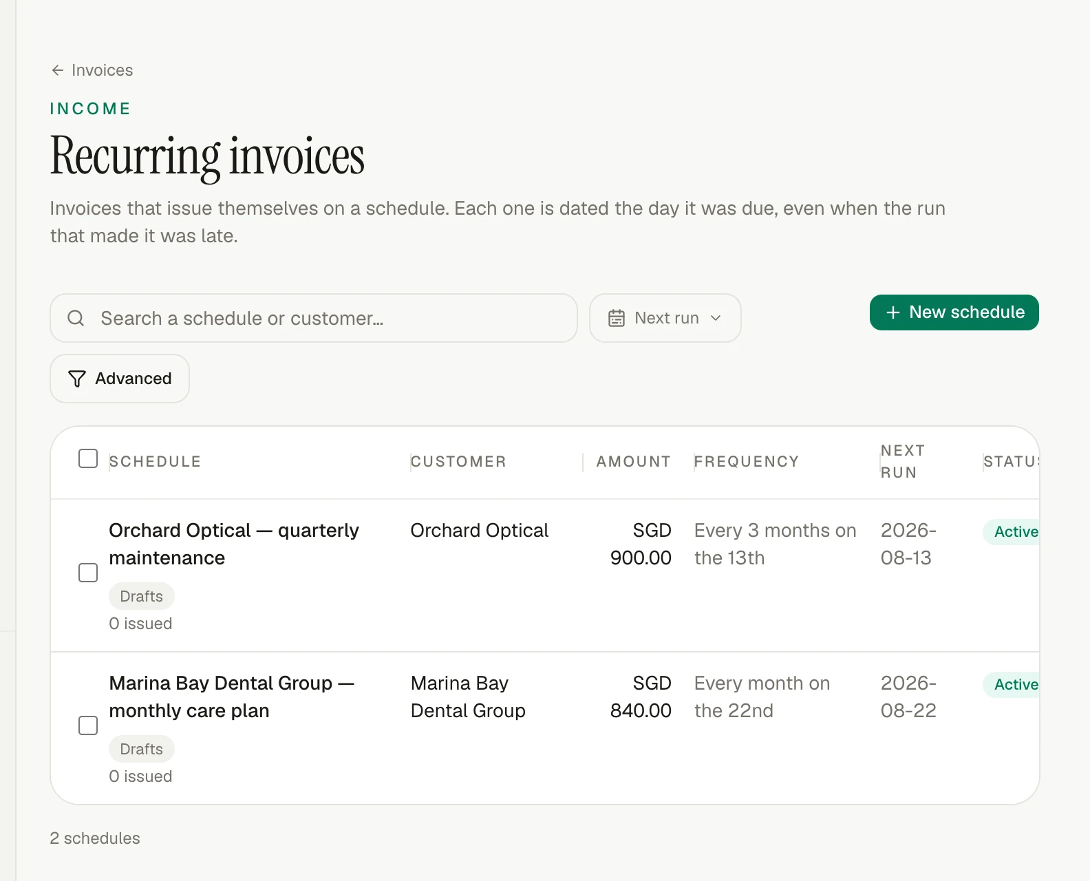 The invoiso recurring invoice schedule with upcoming runs and statuses.