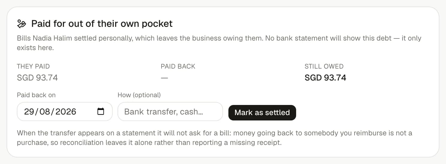 A contact in invoiso showing what they paid for personally, what has been paid back and what is still owed.