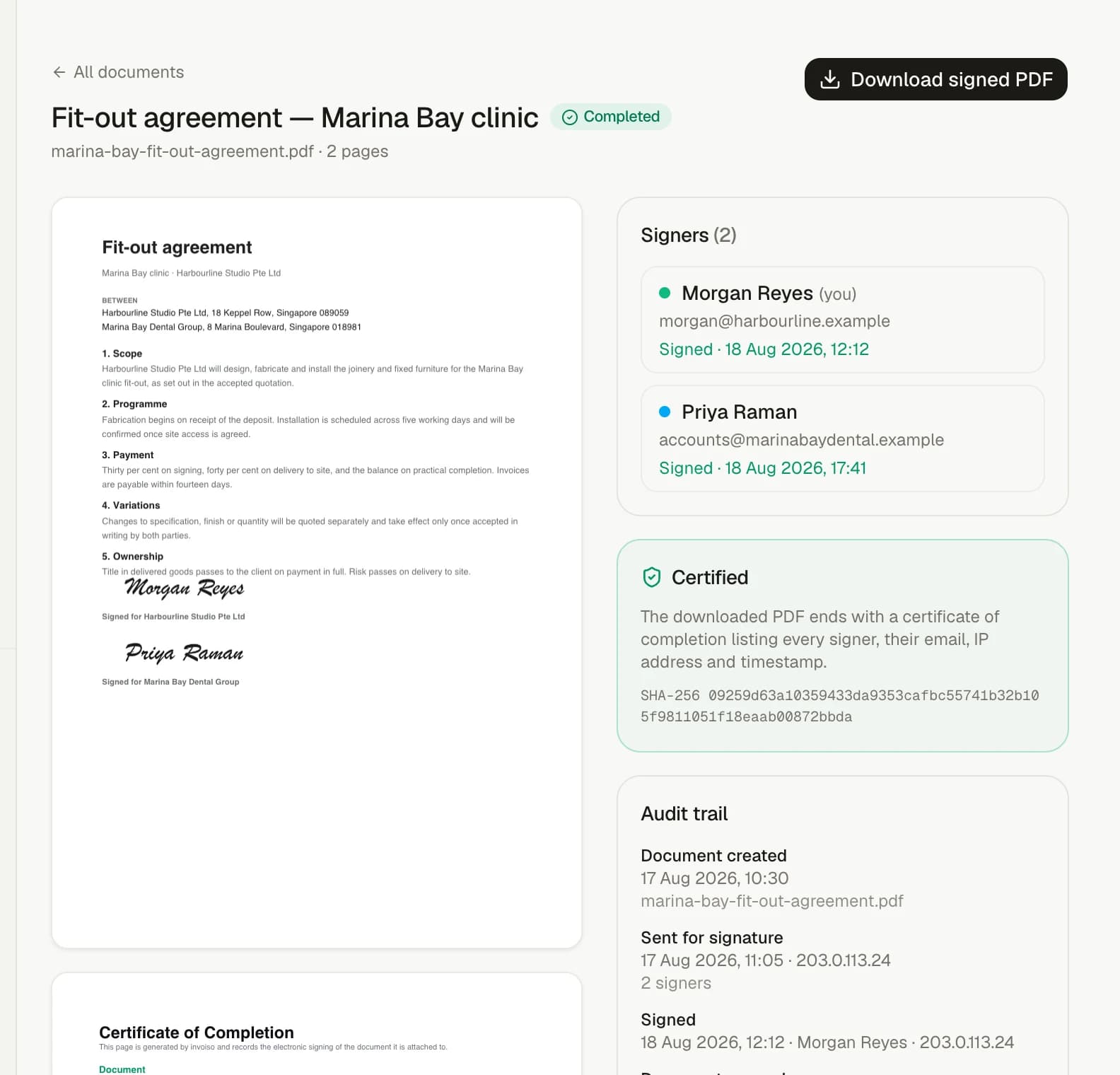 The invoiso documents-out-for-signature report.