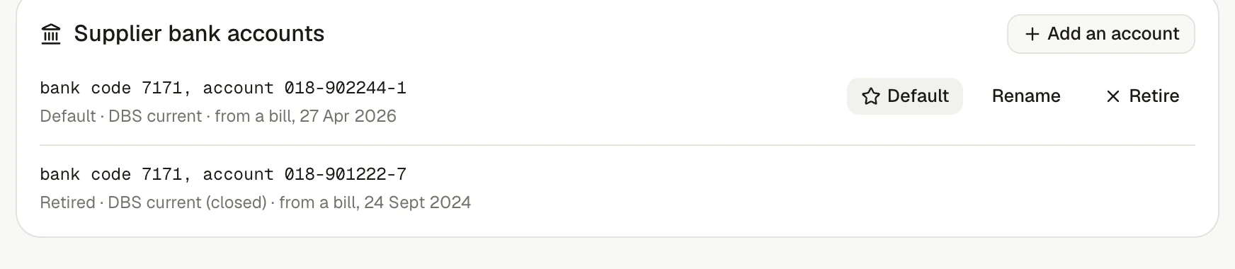 I conti bancari confermati di un fornitore in invoiso, incluso uno ormai dismesso.