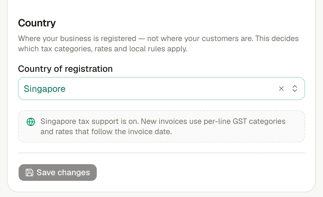 The invoiso Singapore GST registration and tax settings.