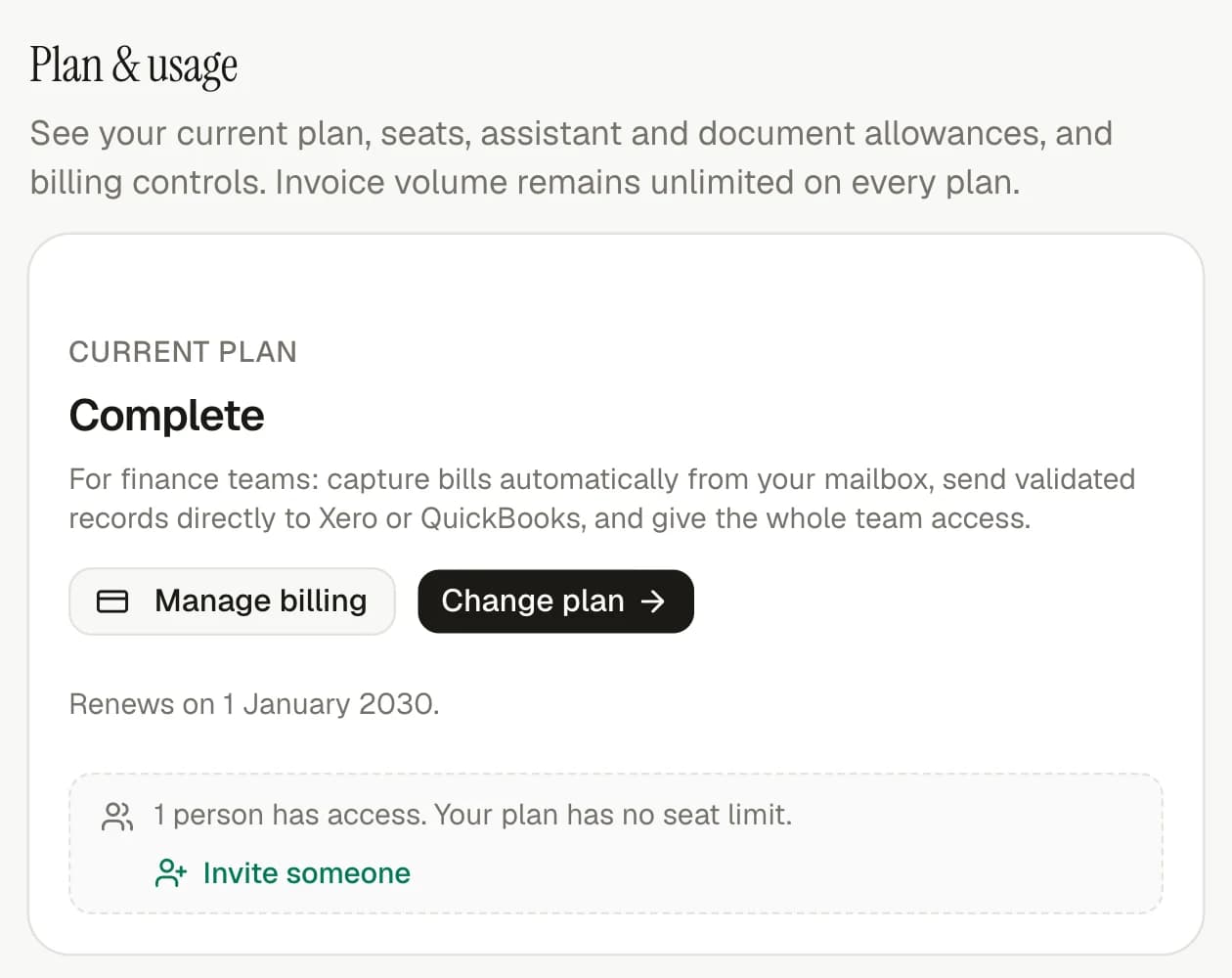 The invoiso plan and team-usage settings.