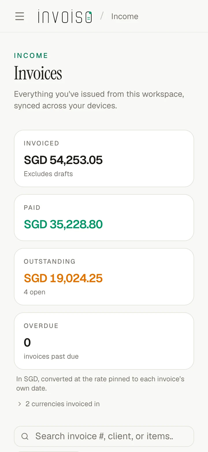 The same workspace on a phone: the invoice list, with what is invoiced, paid, outstanding and overdue.