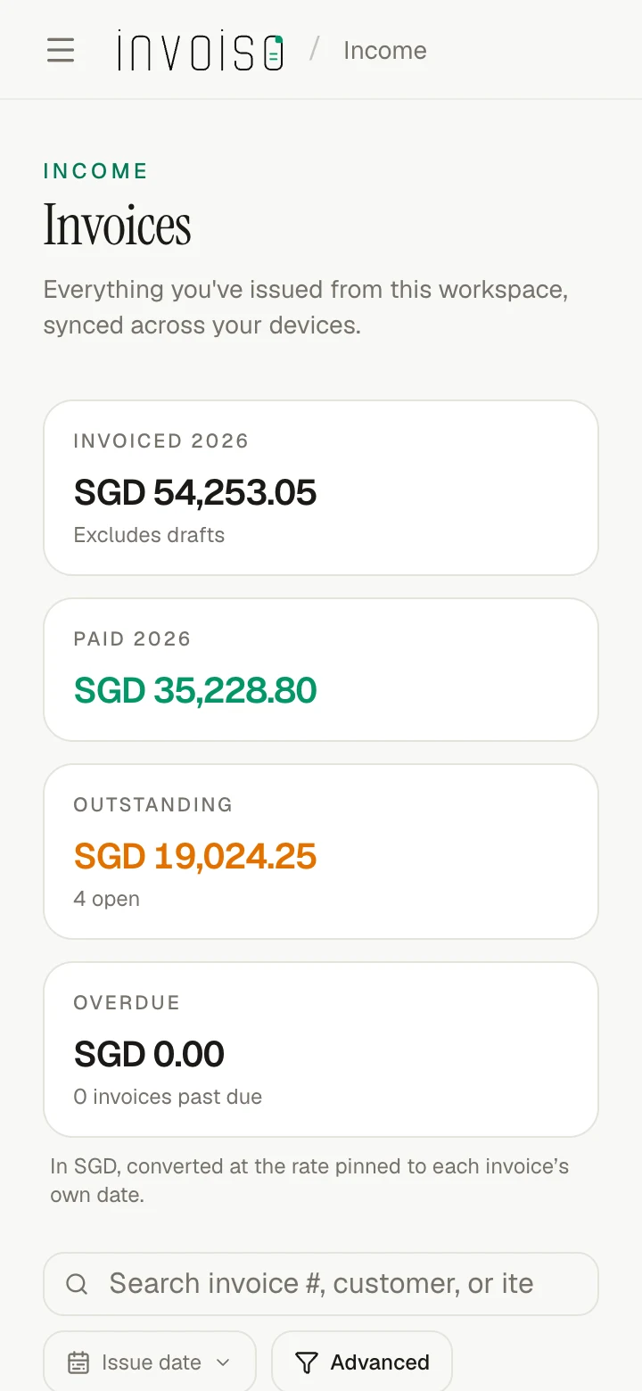 The same workspace on a phone: the invoice list, with what is invoiced, paid, outstanding and overdue.