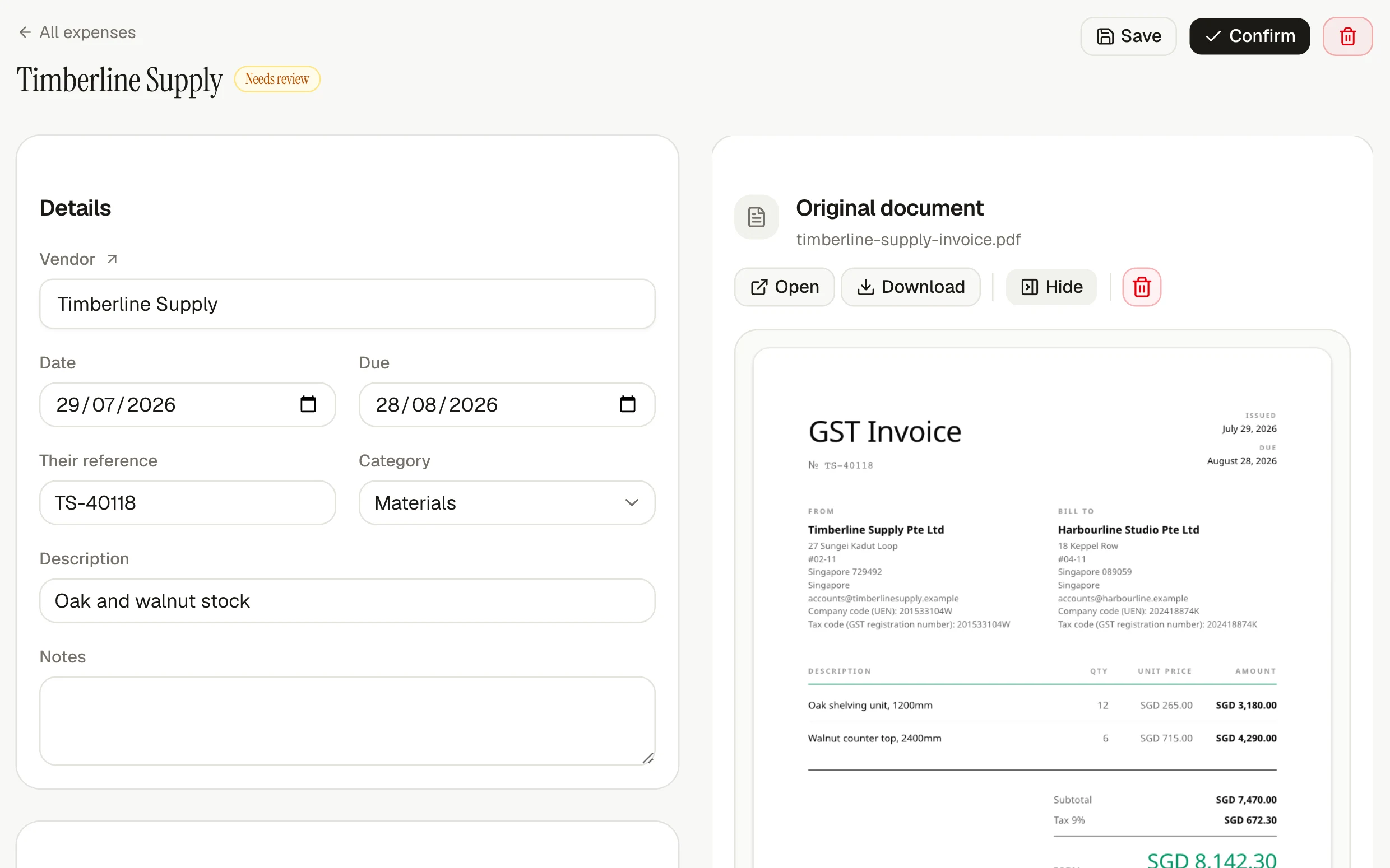 An invoiso expense record displayed beside the original supplier invoice.