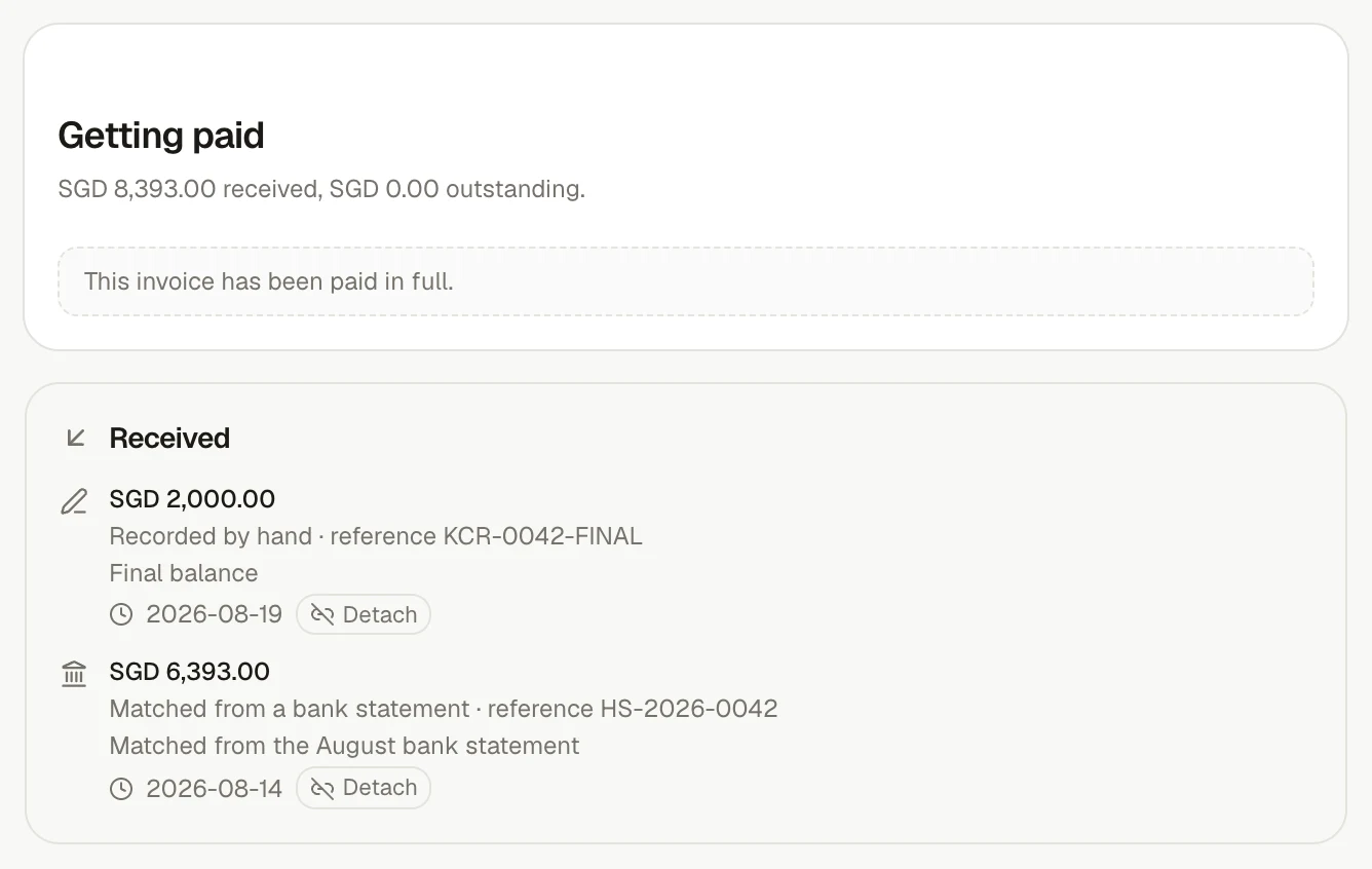 An invoice payment panel showing manual and bank-statement receipts.