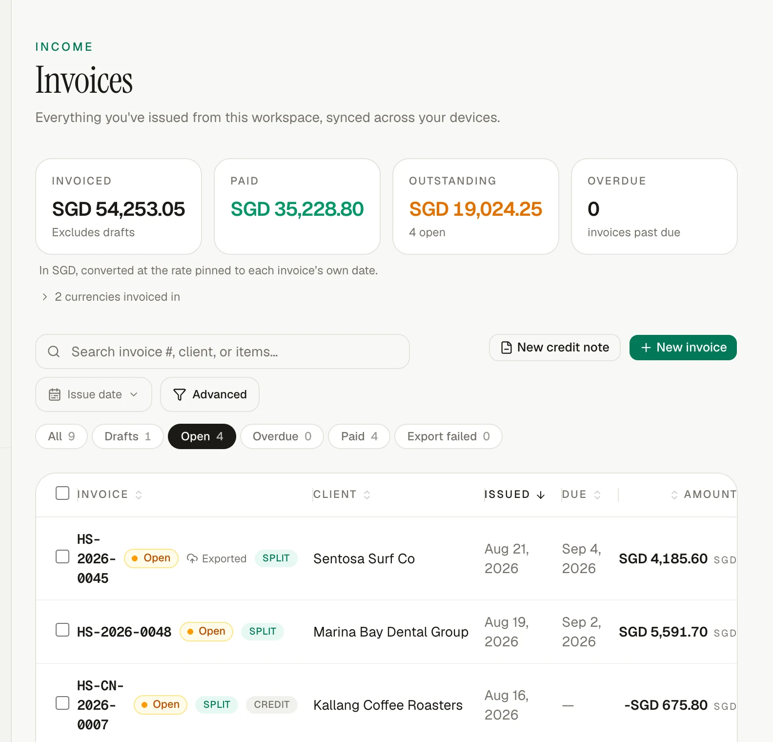 A current invoiso invoice register filtered to open customer invoices.