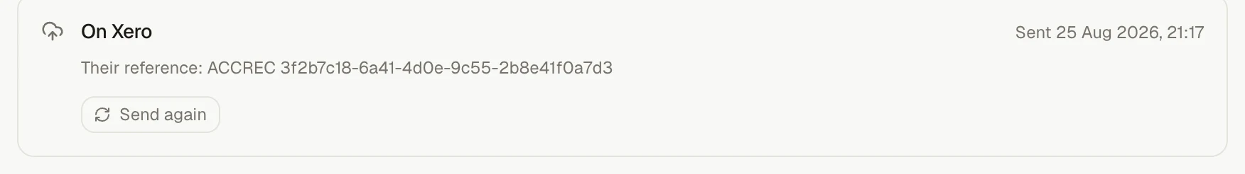 An invoiso invoice recorded as sent to Xero, with the reference Xero gave it.